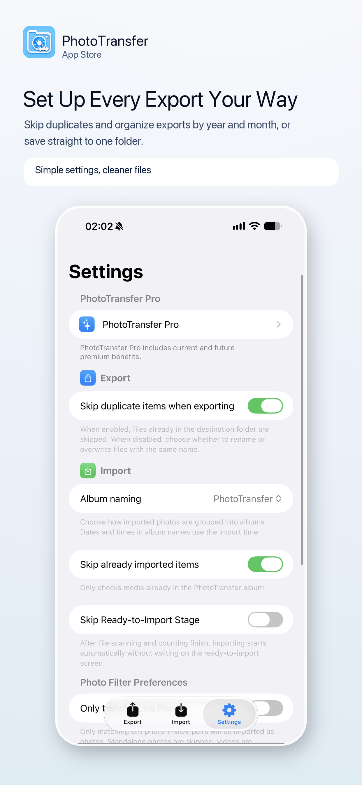 PhotoTransfer export settings
